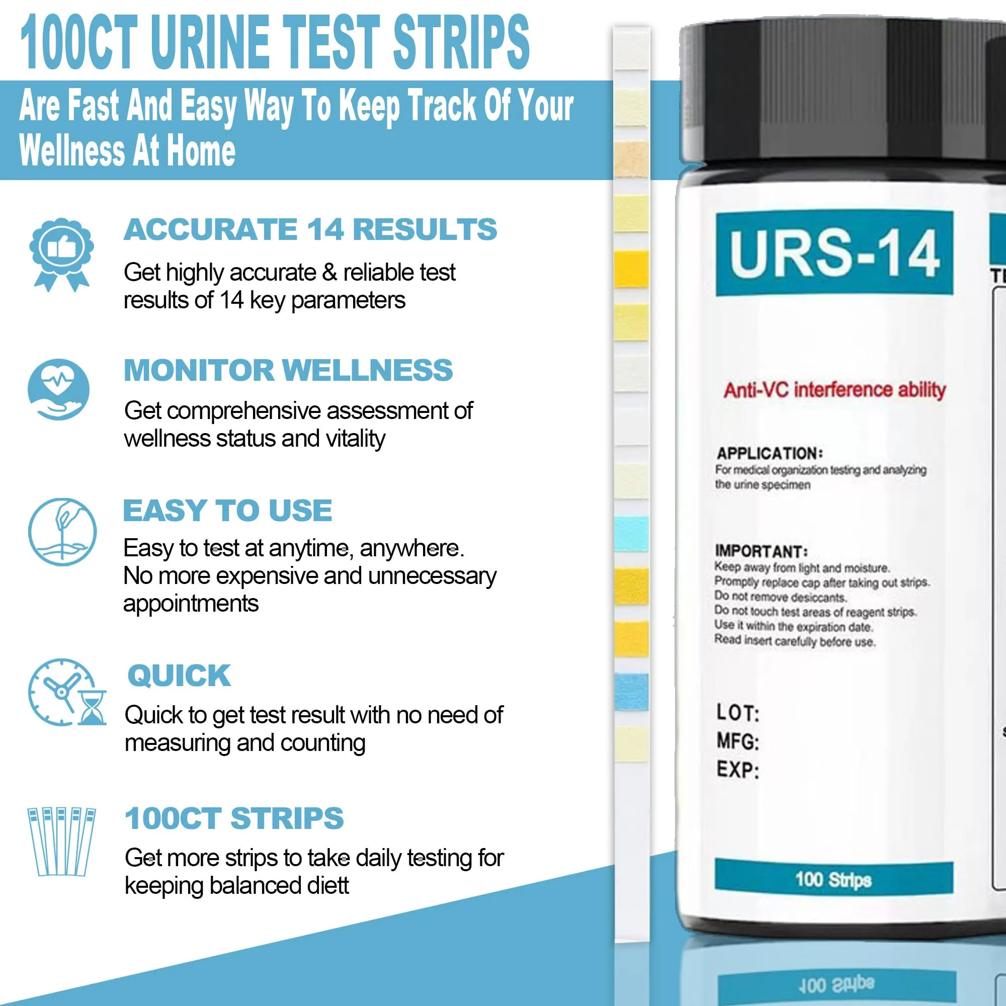 100ct 14 Parameters UTI Test Strips for Women & Men - Easy to Use for Quick & Accurate Results, at Home Urine Protein Test Strips, Easy to Read Results | 100 Strips