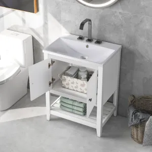 24" White Modern Bathroom Vanity, Sleek Ceramic Sink, Solid Wood Frame with Open Shelf