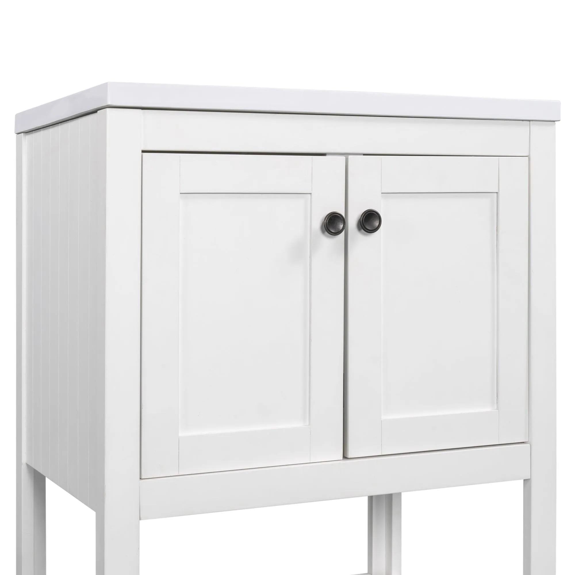 24" White Modern Bathroom Vanity, Sleek Ceramic Sink, Solid Wood Frame with Open Shelf