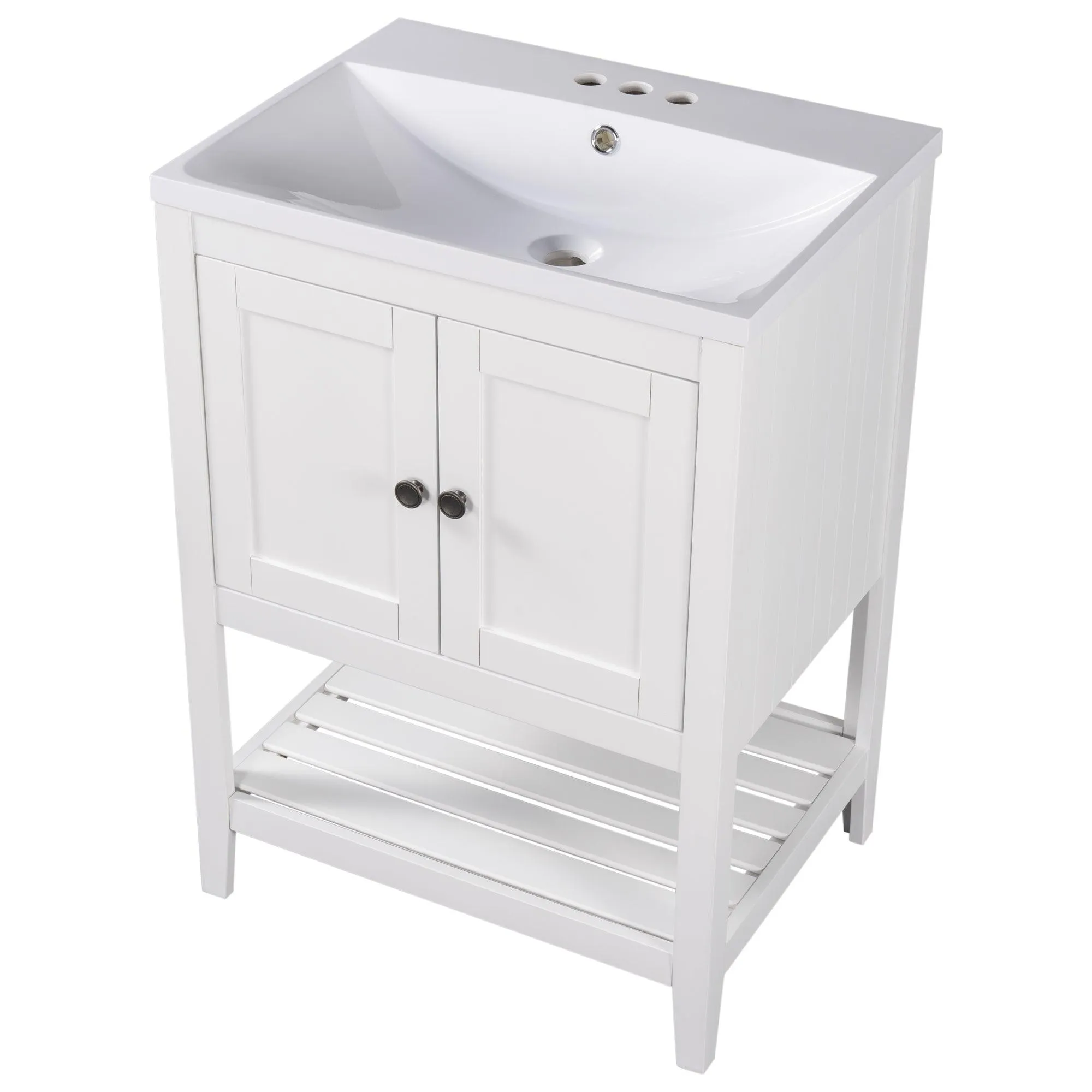 24" White Modern Bathroom Vanity, Sleek Ceramic Sink, Solid Wood Frame with Open Shelf