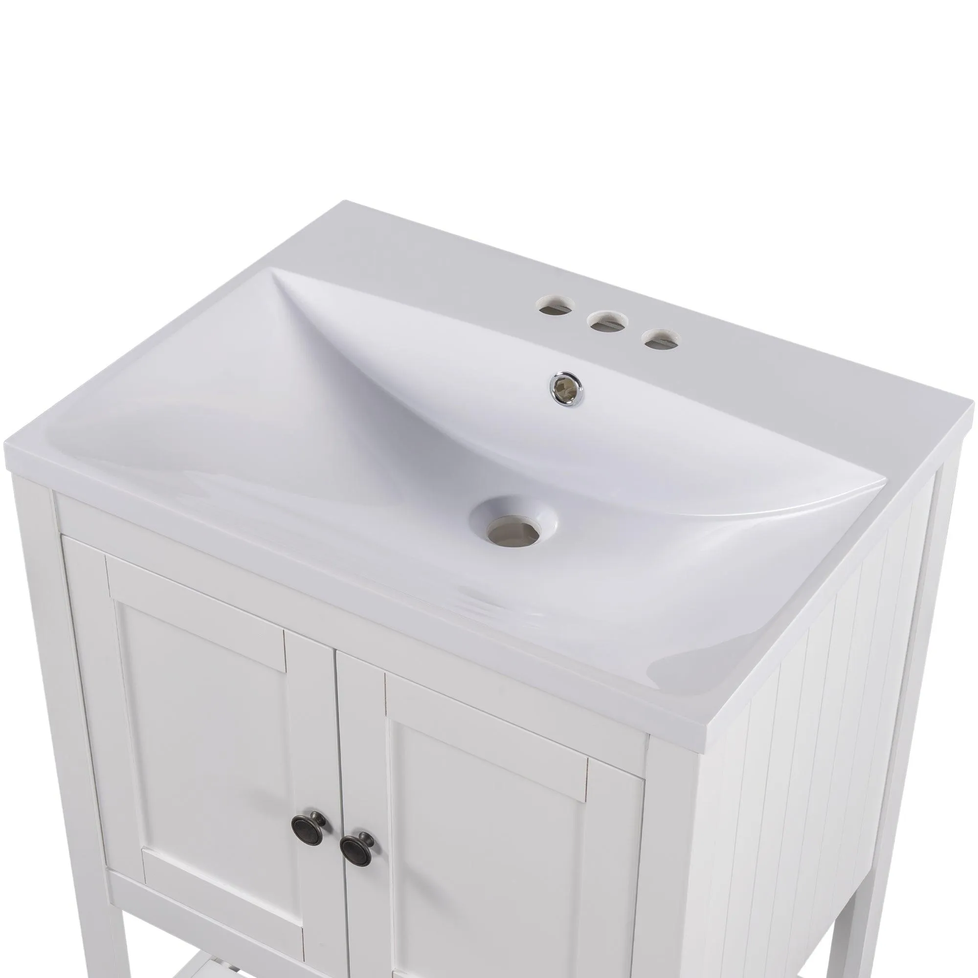 24" White Modern Bathroom Vanity, Sleek Ceramic Sink, Solid Wood Frame with Open Shelf