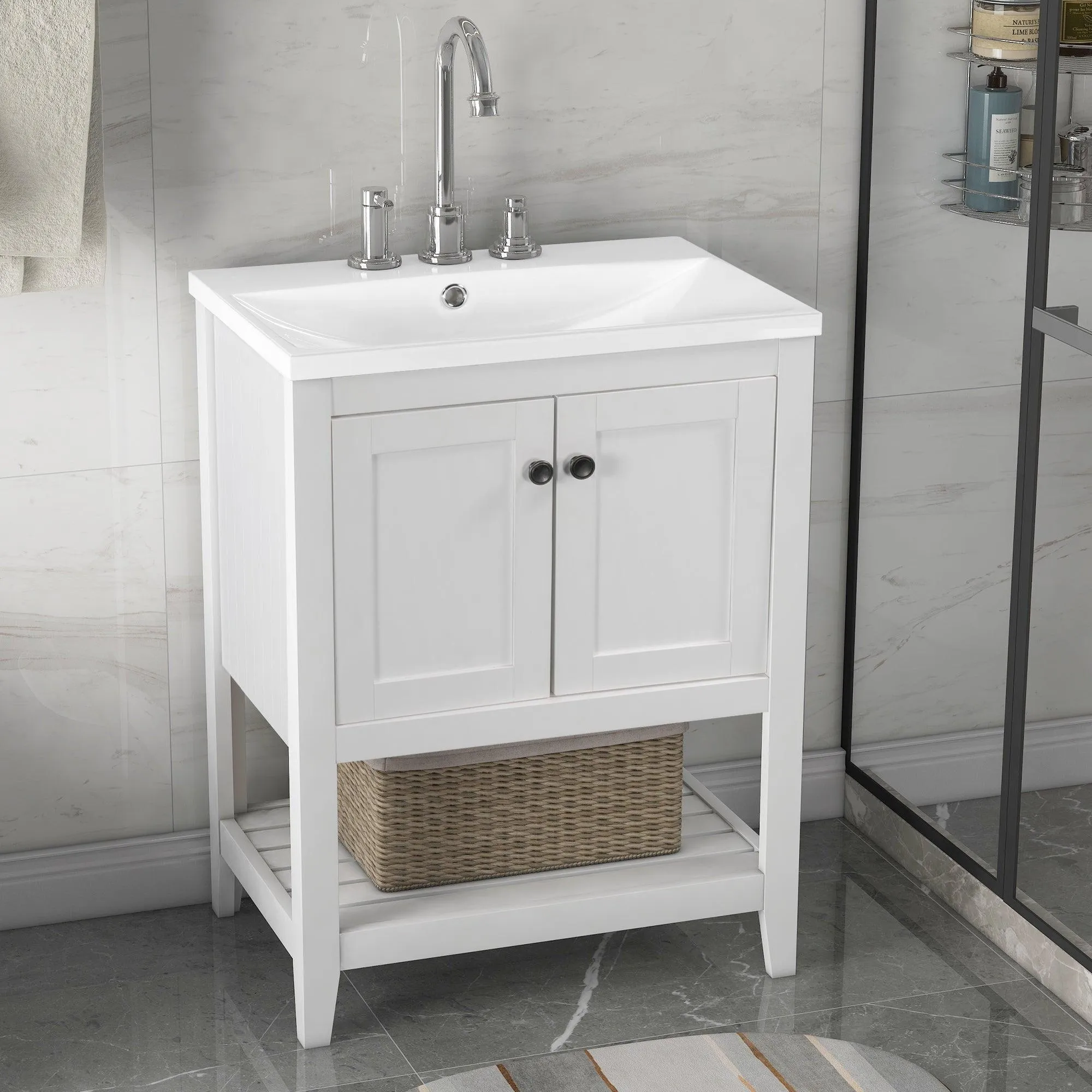 24" White Modern Bathroom Vanity, Sleek Ceramic Sink, Solid Wood Frame with Open Shelf