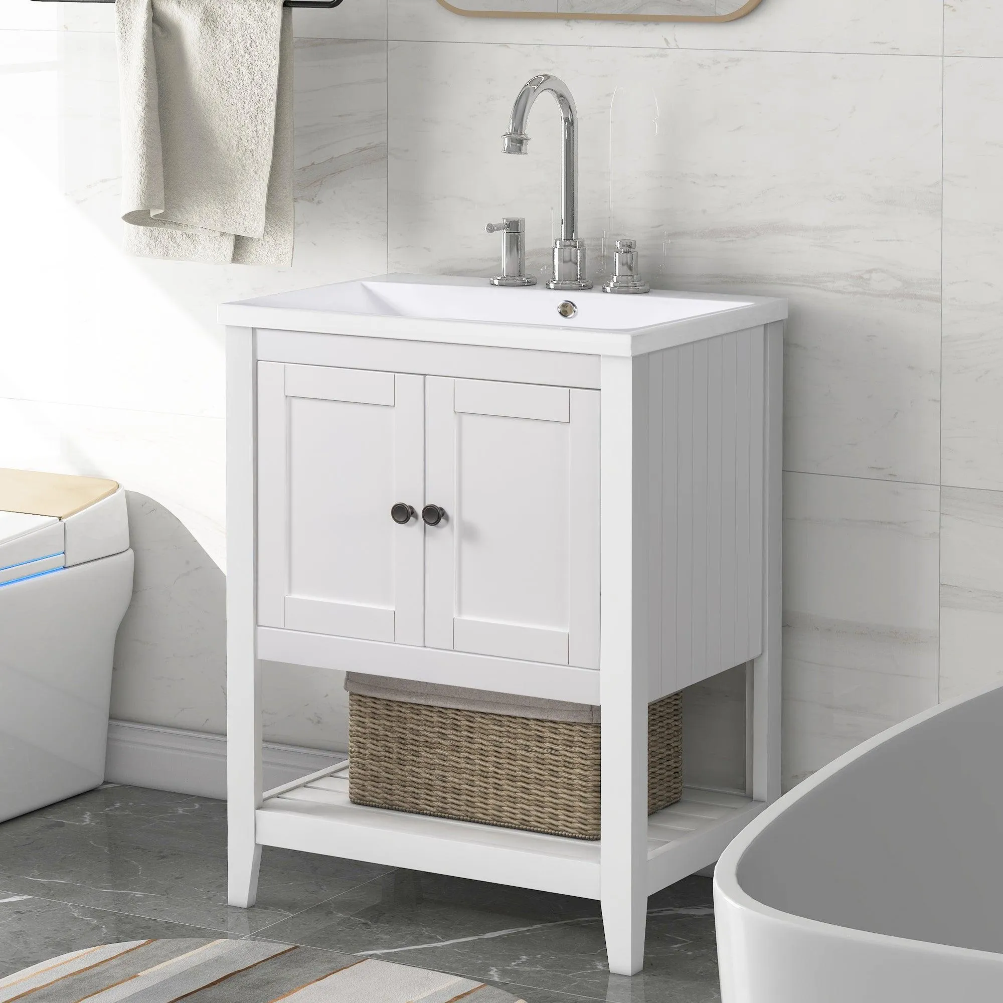 24" White Modern Bathroom Vanity, Sleek Ceramic Sink, Solid Wood Frame with Open Shelf