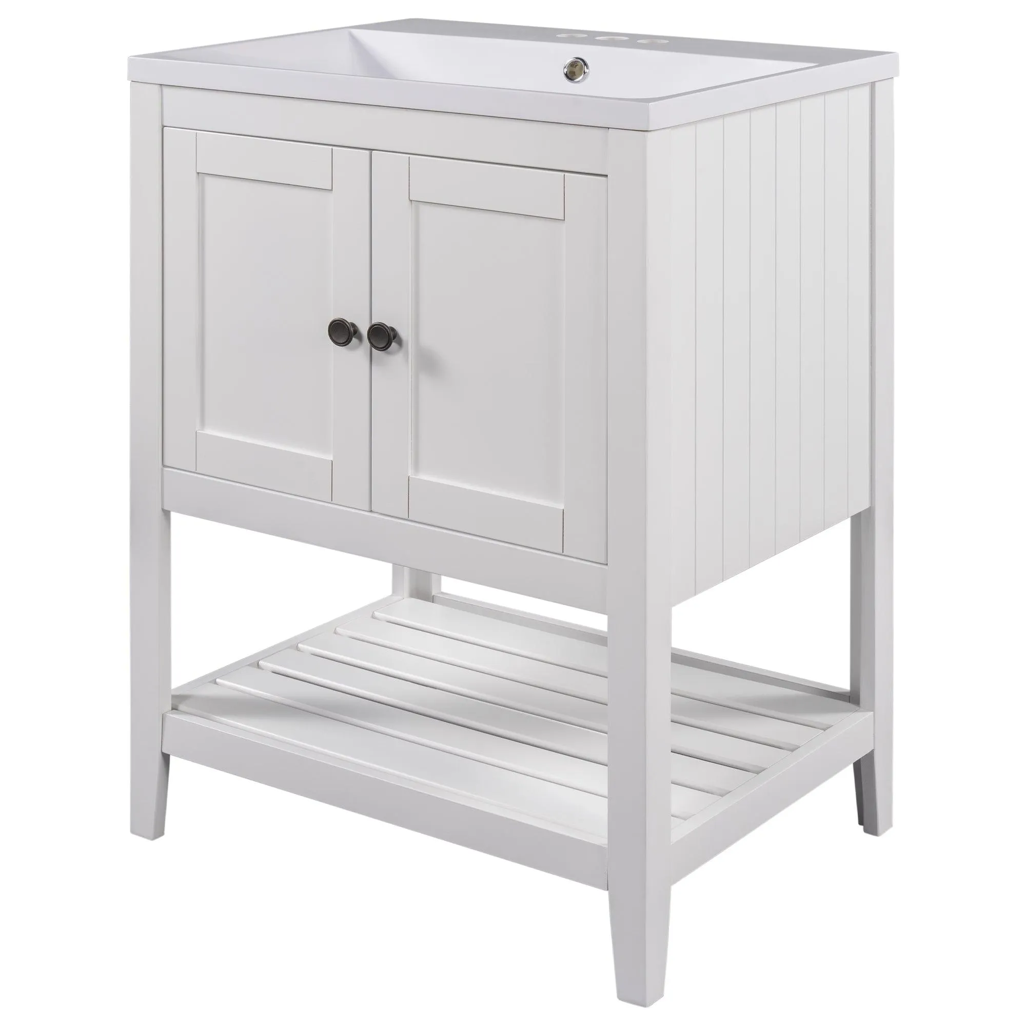 24" White Modern Bathroom Vanity, Sleek Ceramic Sink, Solid Wood Frame with Open Shelf