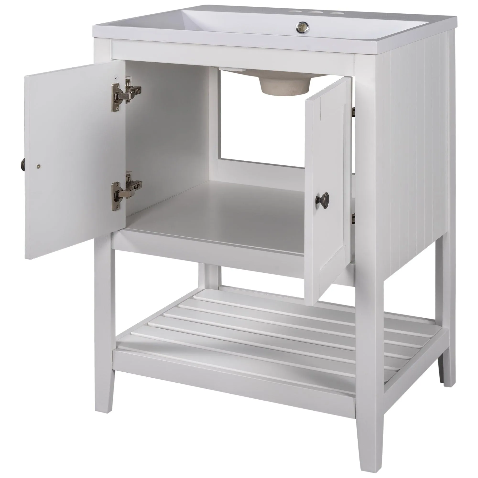 24" White Modern Bathroom Vanity, Sleek Ceramic Sink, Solid Wood Frame with Open Shelf