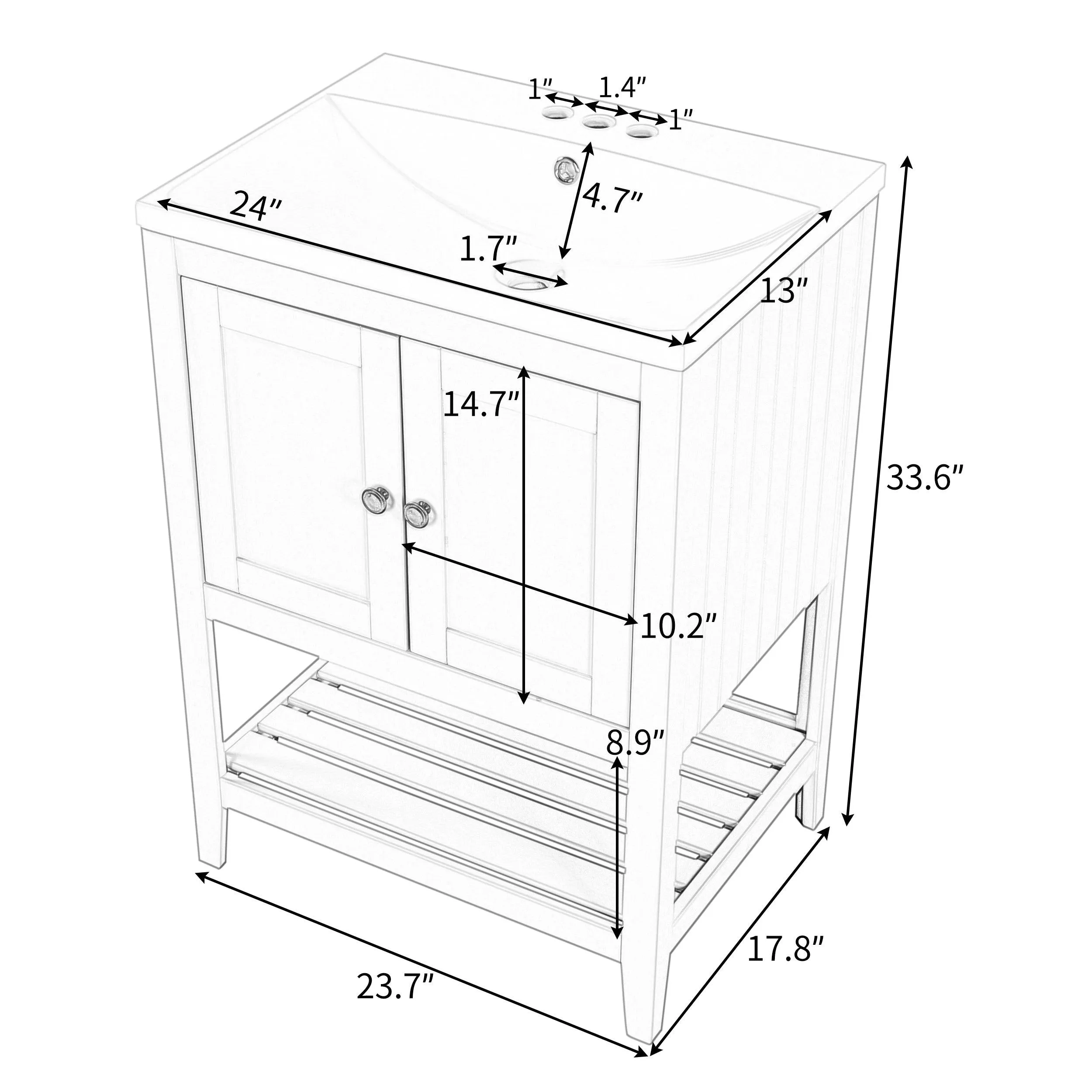 24" White Modern Bathroom Vanity, Sleek Ceramic Sink, Solid Wood Frame with Open Shelf