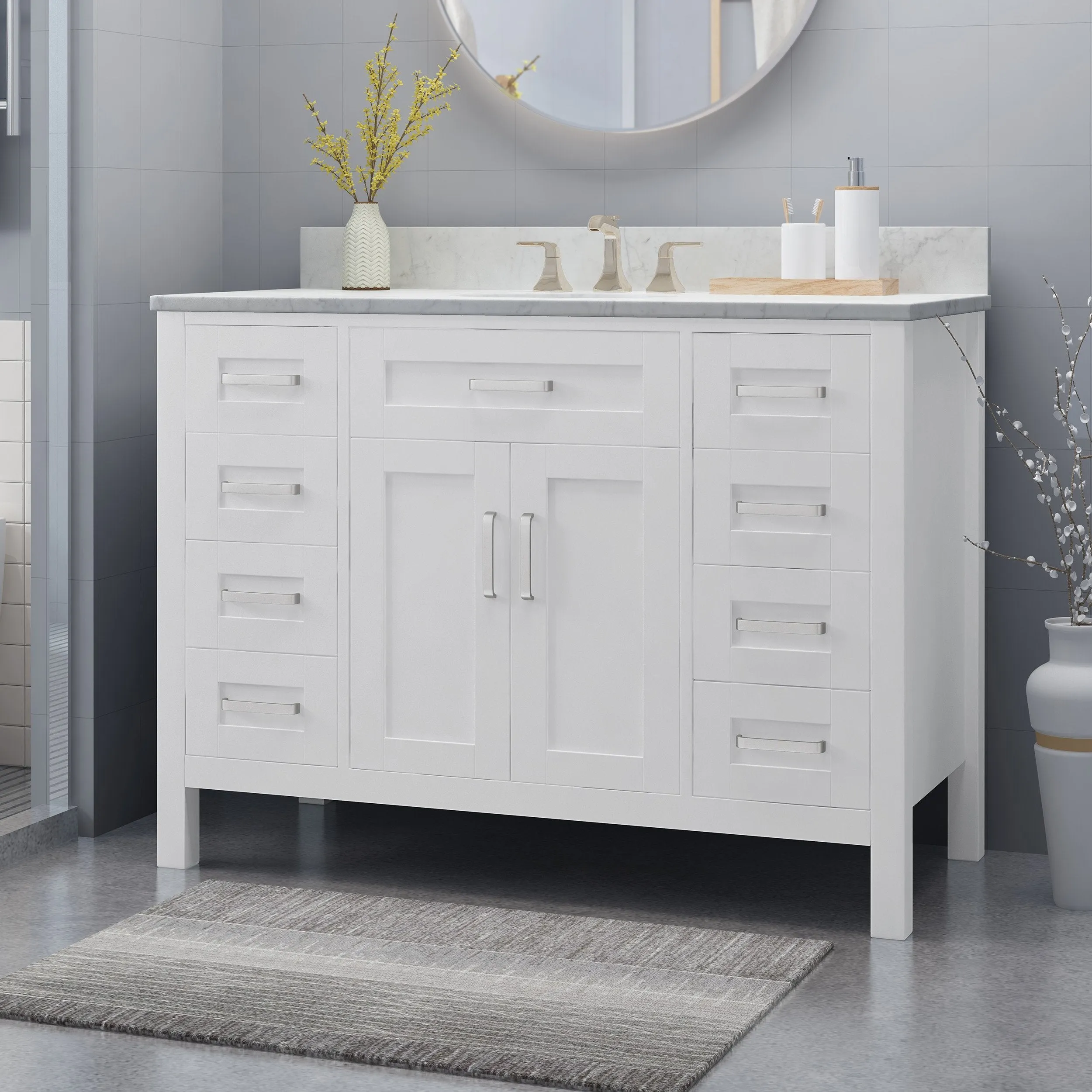 48" Wood Single Sink Bathroom Vanity with Marble Counter Top with Carrara White Marble - NH409703