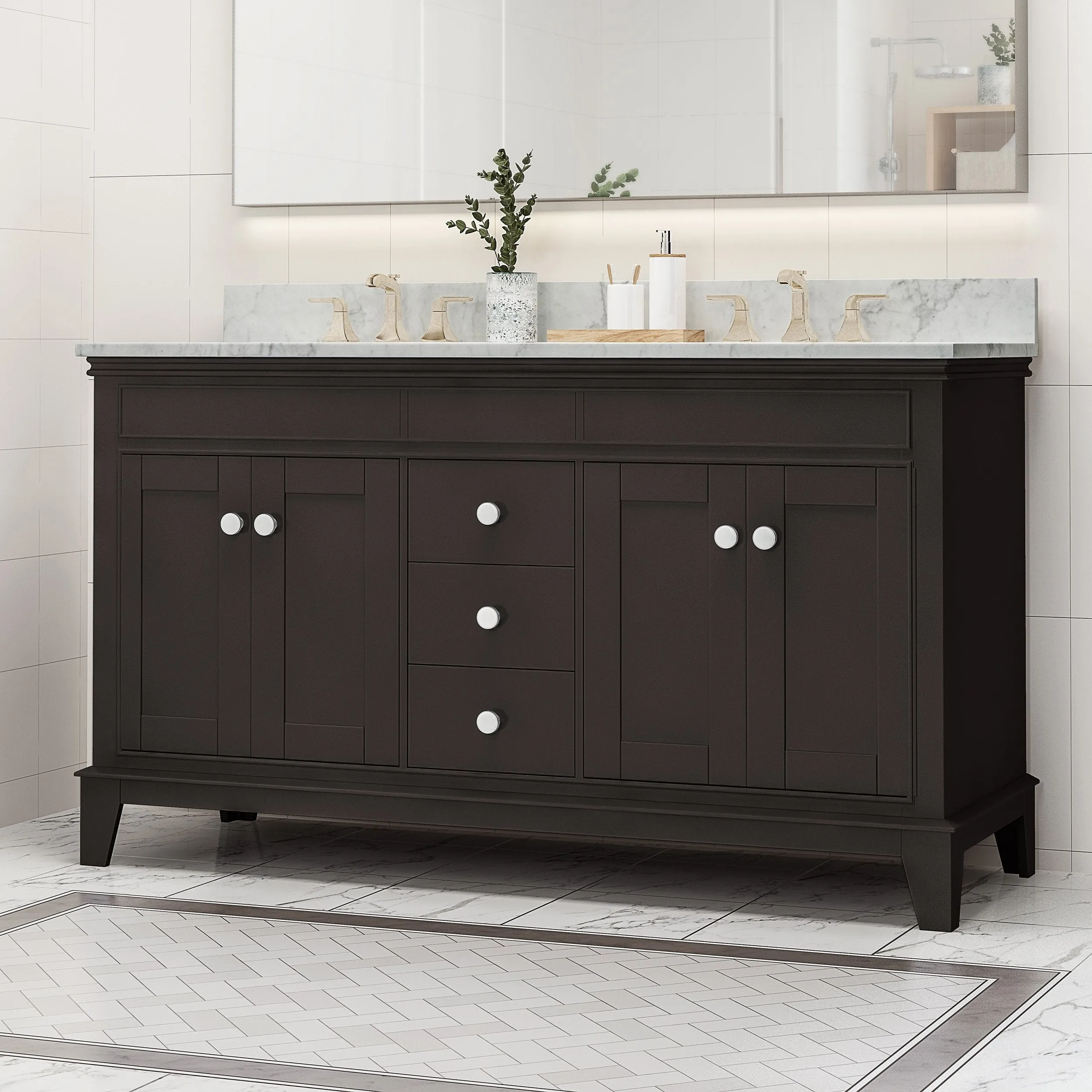 60" Wood Double Sink Bathroom Vanity with Marble Counter Top with Carrara White Marble - NH898703