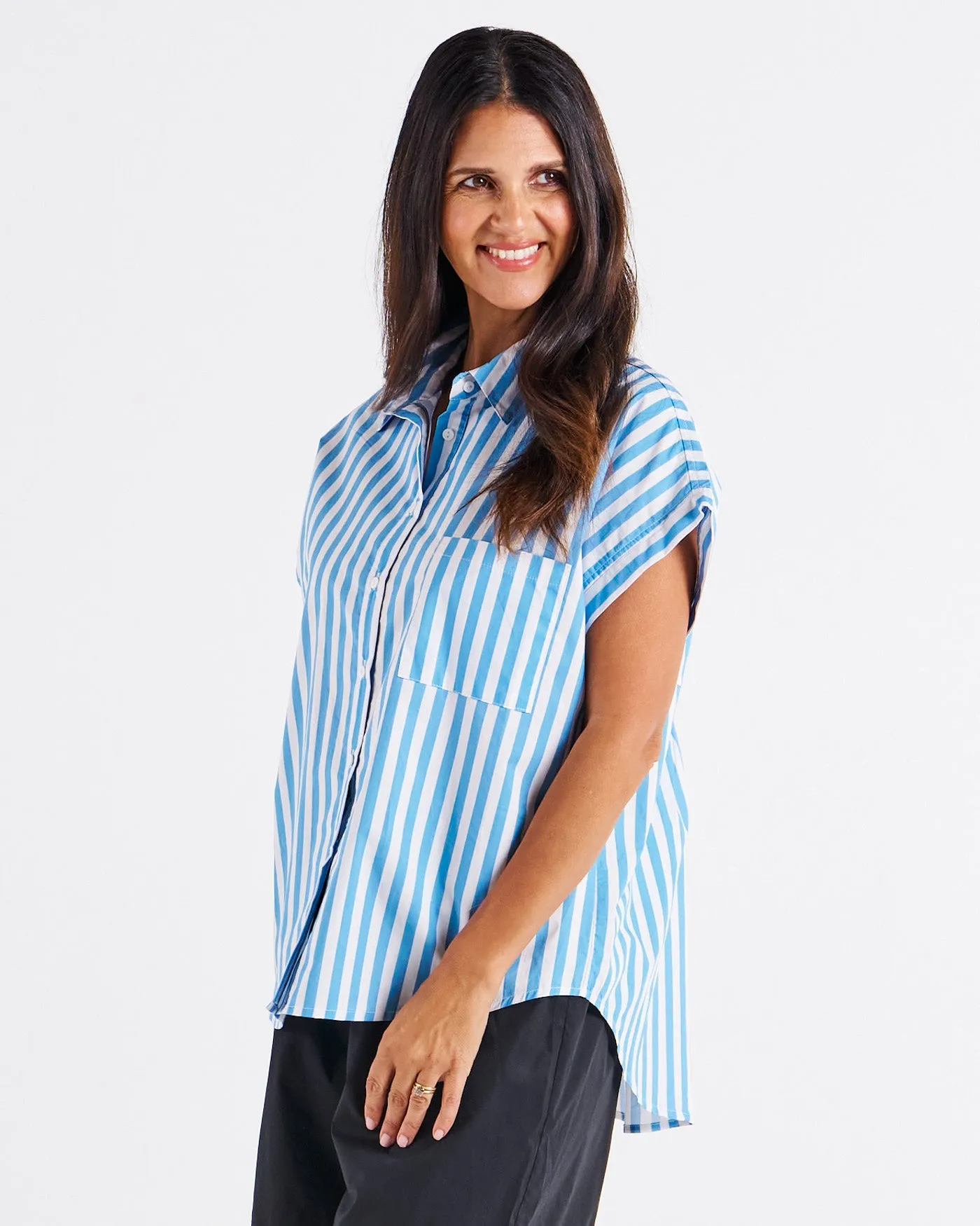 Betty Basics Mara Short Sleeve Shirt Blue Stripe