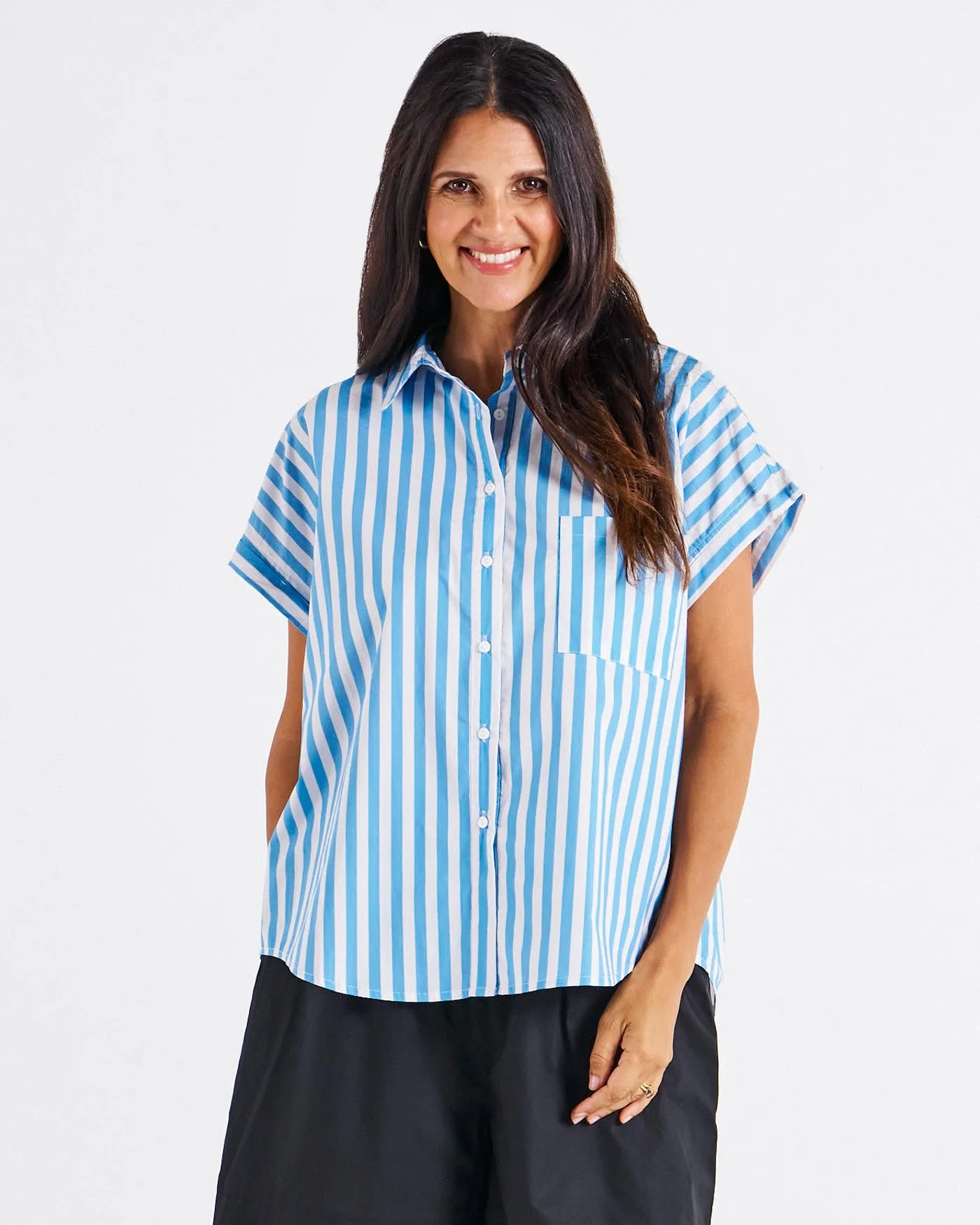 Betty Basics Mara Short Sleeve Shirt Blue Stripe