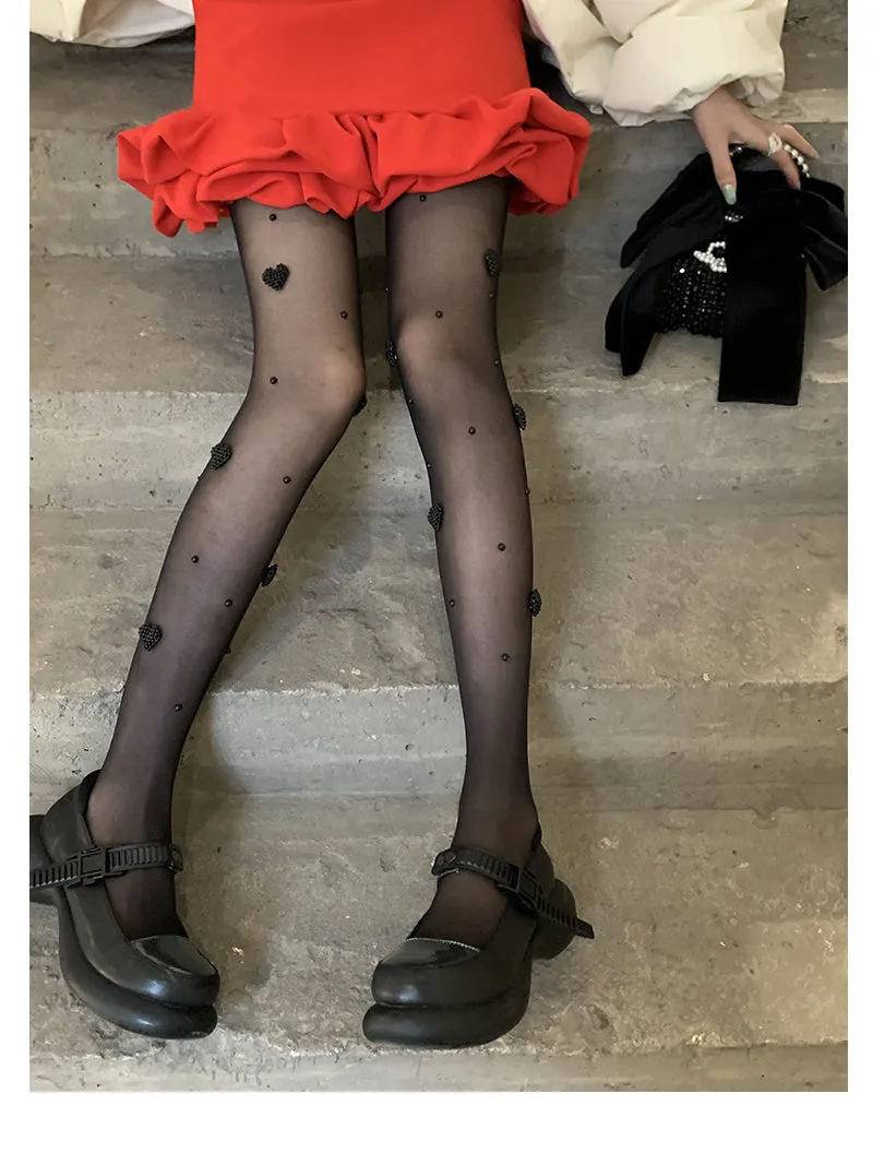 Emily Black Embroidery Heart Pearl Tights