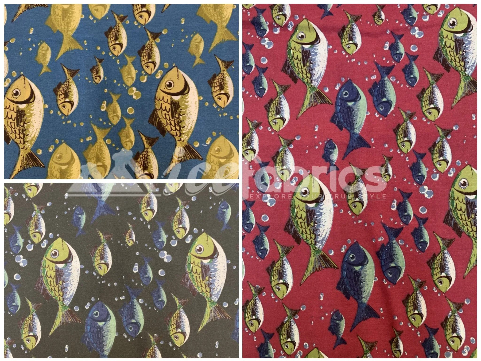 Fashion Fish Print Poly Cotton Fabric By The Yard (Red, Gray, Blue)