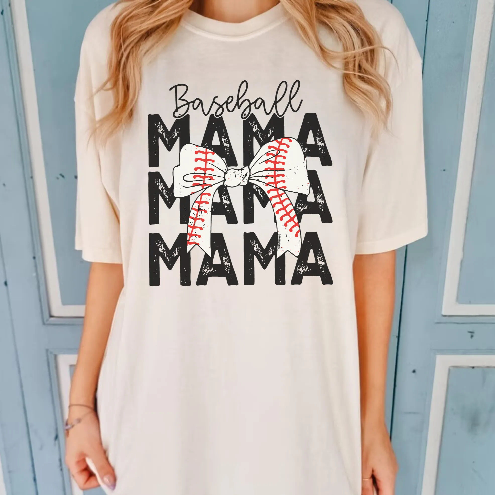 (Ivory) Bow Baseball Mama Short Sleeve Adult Tee