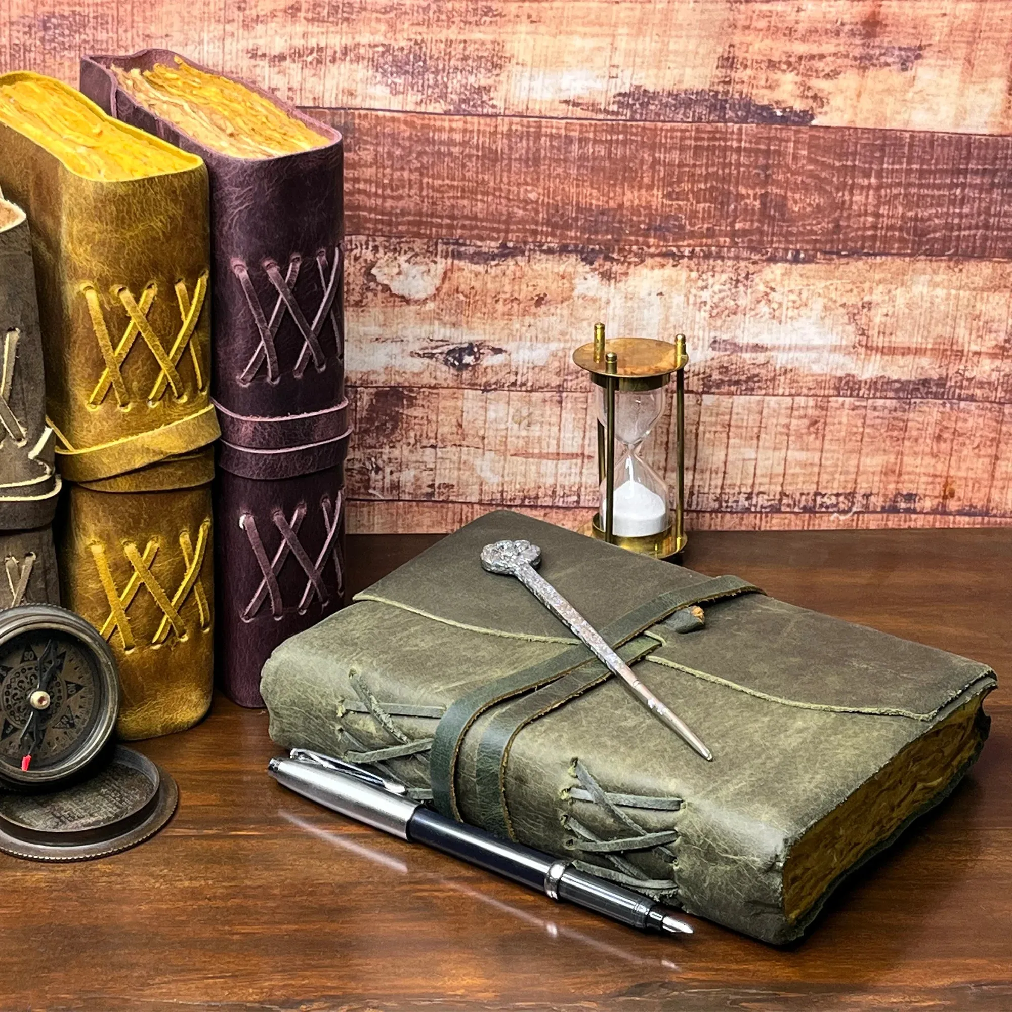 Leather Bound Journal - A5 Handmade Antique Deckle Edge Paper, Olive