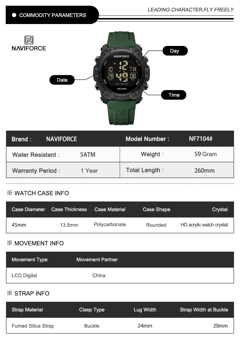 NAVIFORCE 7104 Unisex LCD Digital Silicone Acrylic Fashion Sport Watch