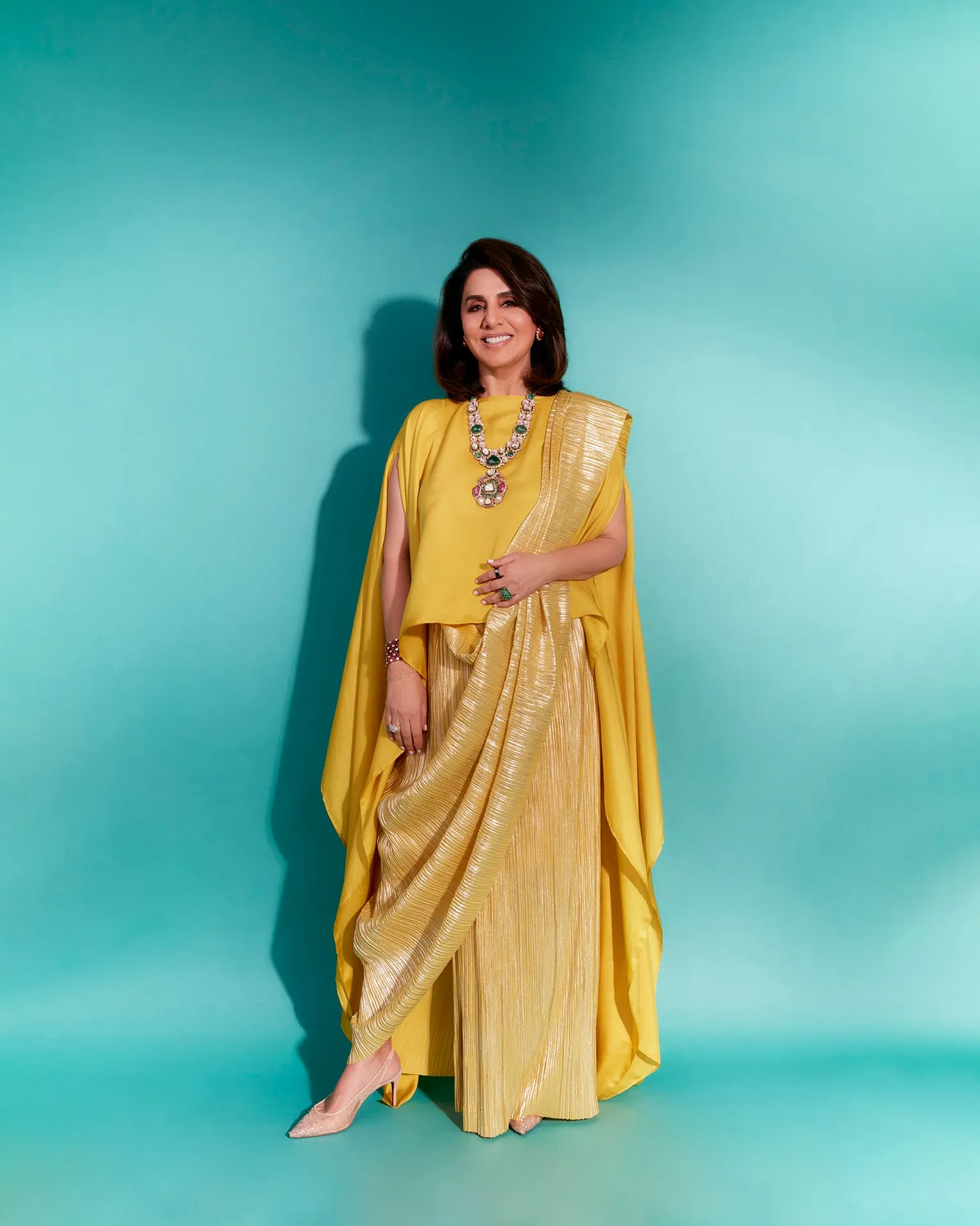 Neetu Kapoor in Metallic 2.0 Sari with SK Cape