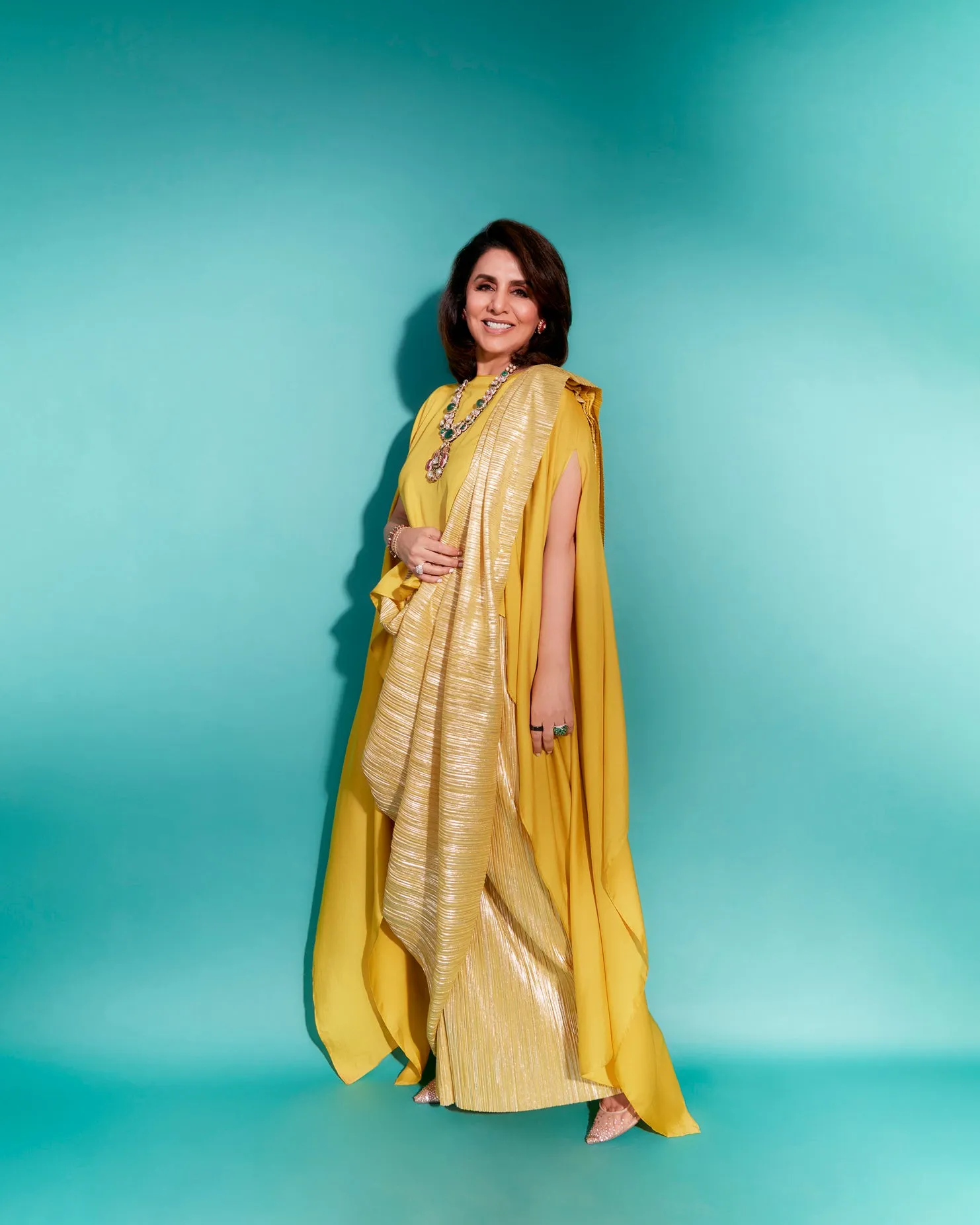 Neetu Kapoor in Metallic 2.0 Sari with SK Cape