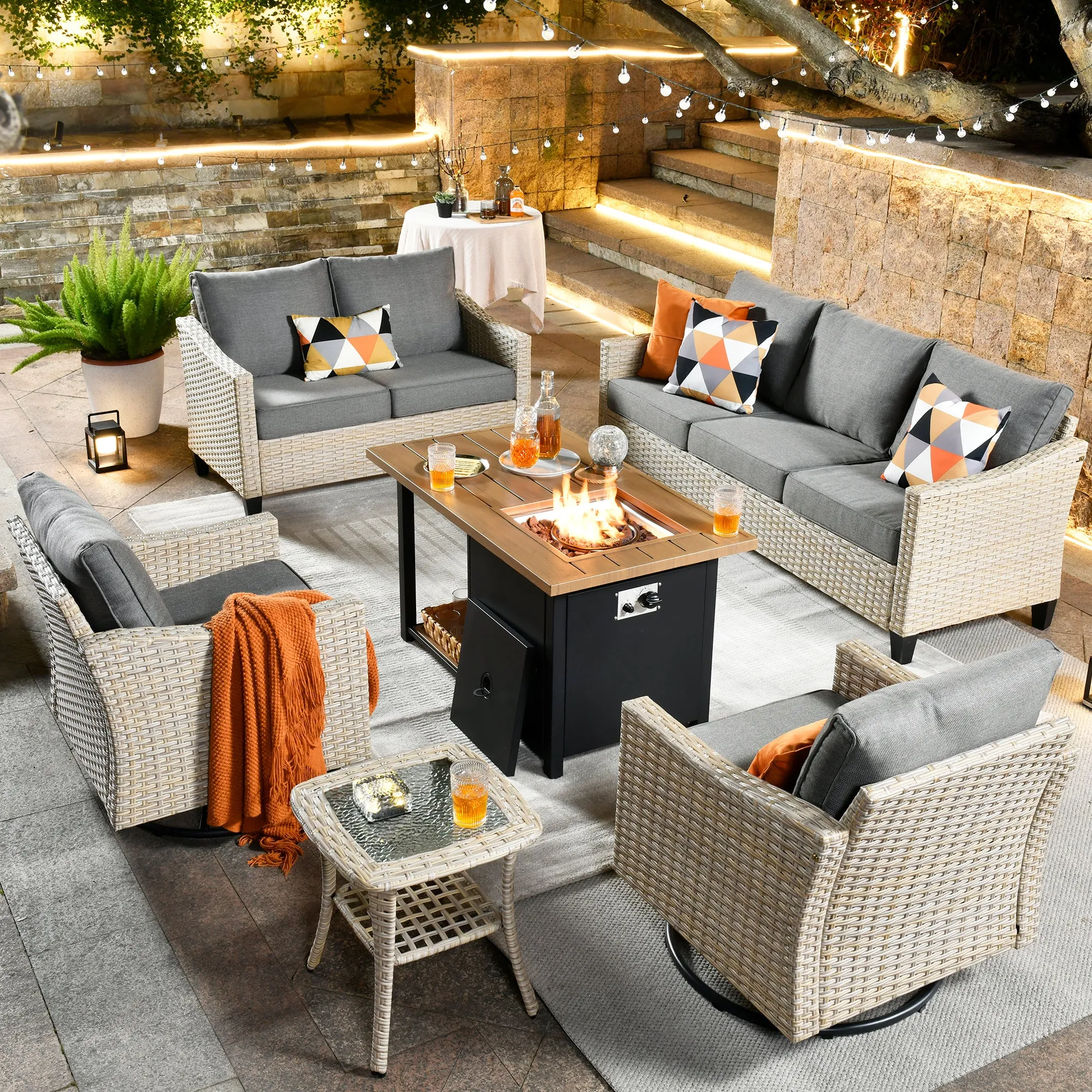 Ovios Athena Series Outdoor Furniture Sets 6-Piece include Swivel Chair & 46'' Fire Pit Table