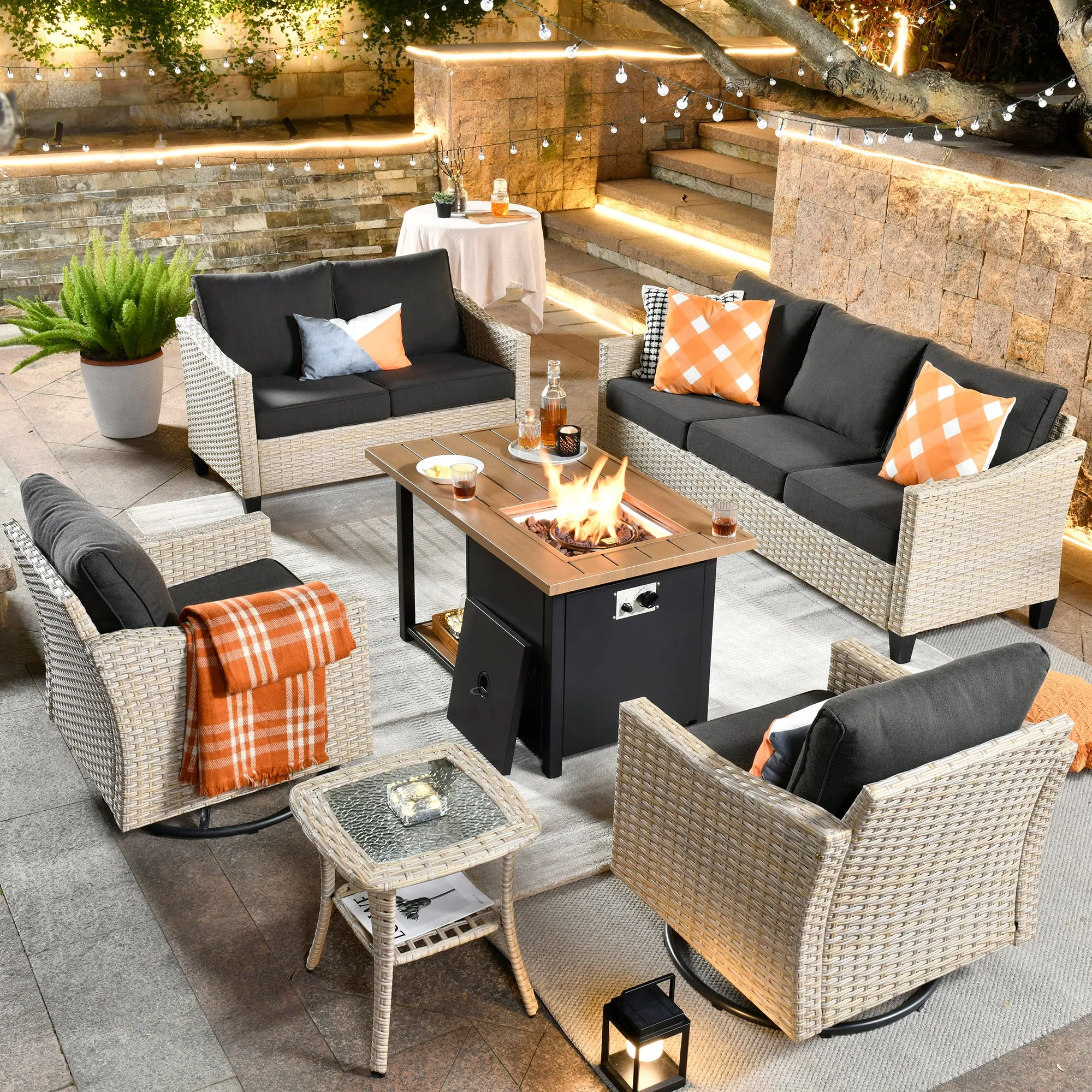 Ovios Athena Series Outdoor Furniture Sets 6-Piece include Swivel Chair & 46'' Fire Pit Table