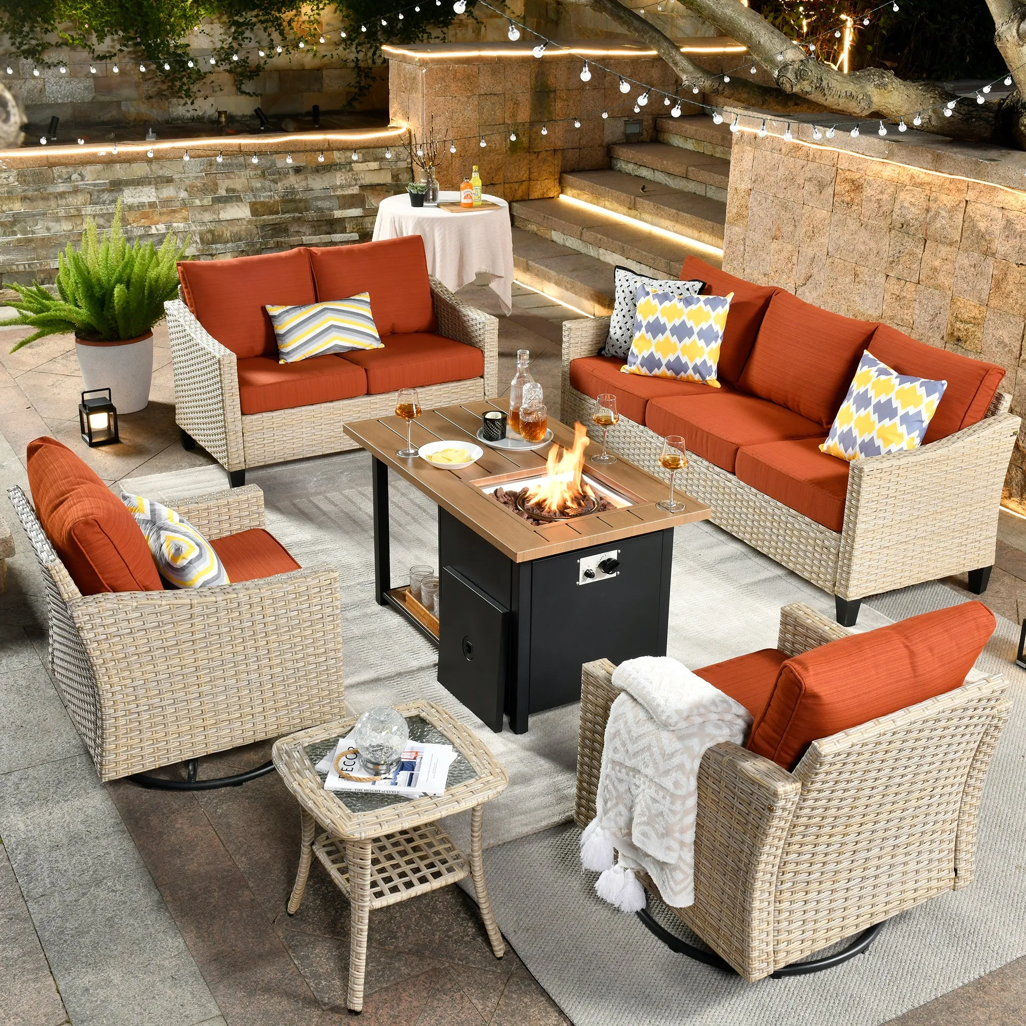 Ovios Athena Series Outdoor Furniture Sets 6-Piece include Swivel Chair & 46'' Fire Pit Table