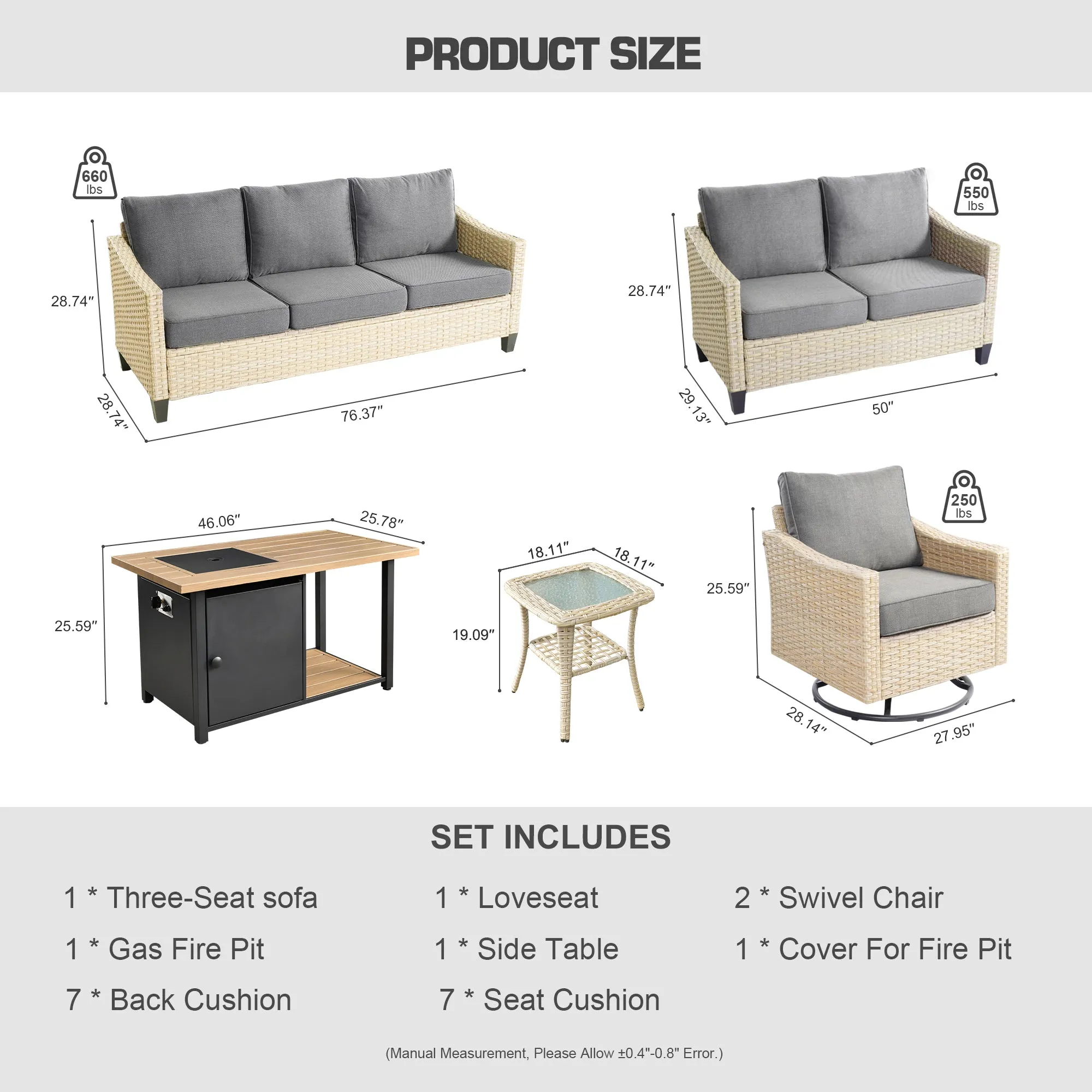 Ovios Athena Series Outdoor Furniture Sets 6-Piece include Swivel Chair & 46'' Fire Pit Table