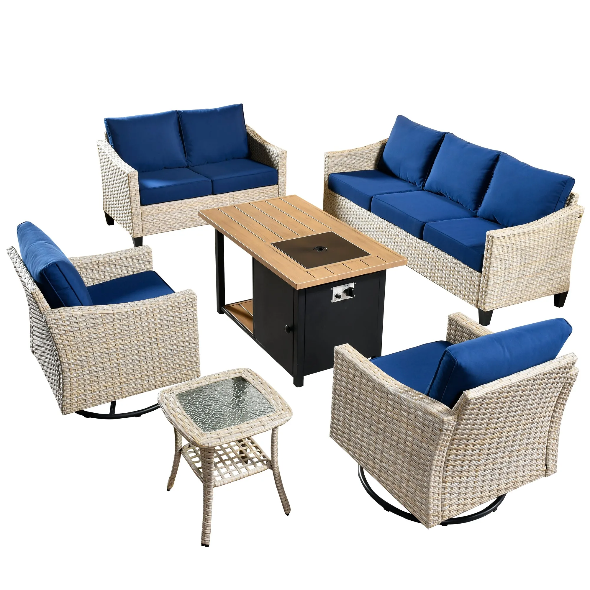 Ovios Athena Series Outdoor Furniture Sets 6-Piece include Swivel Chair & 46'' Fire Pit Table