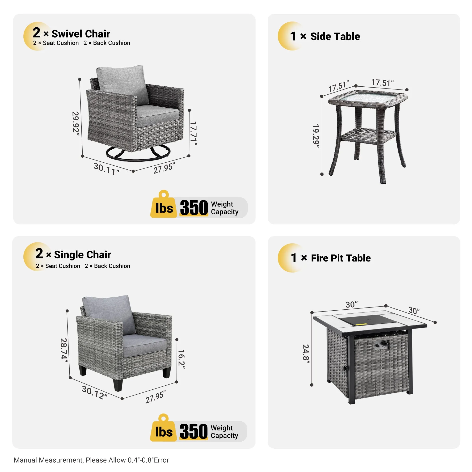 Ovios Patio Vultros 6-Piece Conversation Set, 2 Swivel Chairs 2 Chairs with 30'' Propane Fire Pit Table