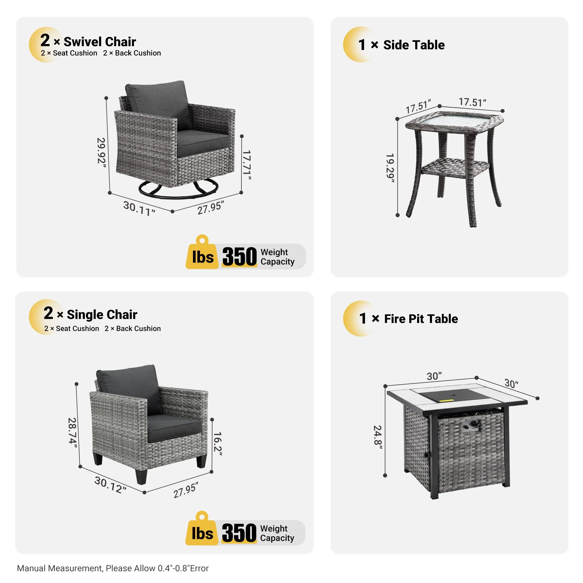 Ovios Patio Vultros 6-Piece Conversation Set, 2 Swivel Chairs 2 Chairs with 30'' Propane Fire Pit Table