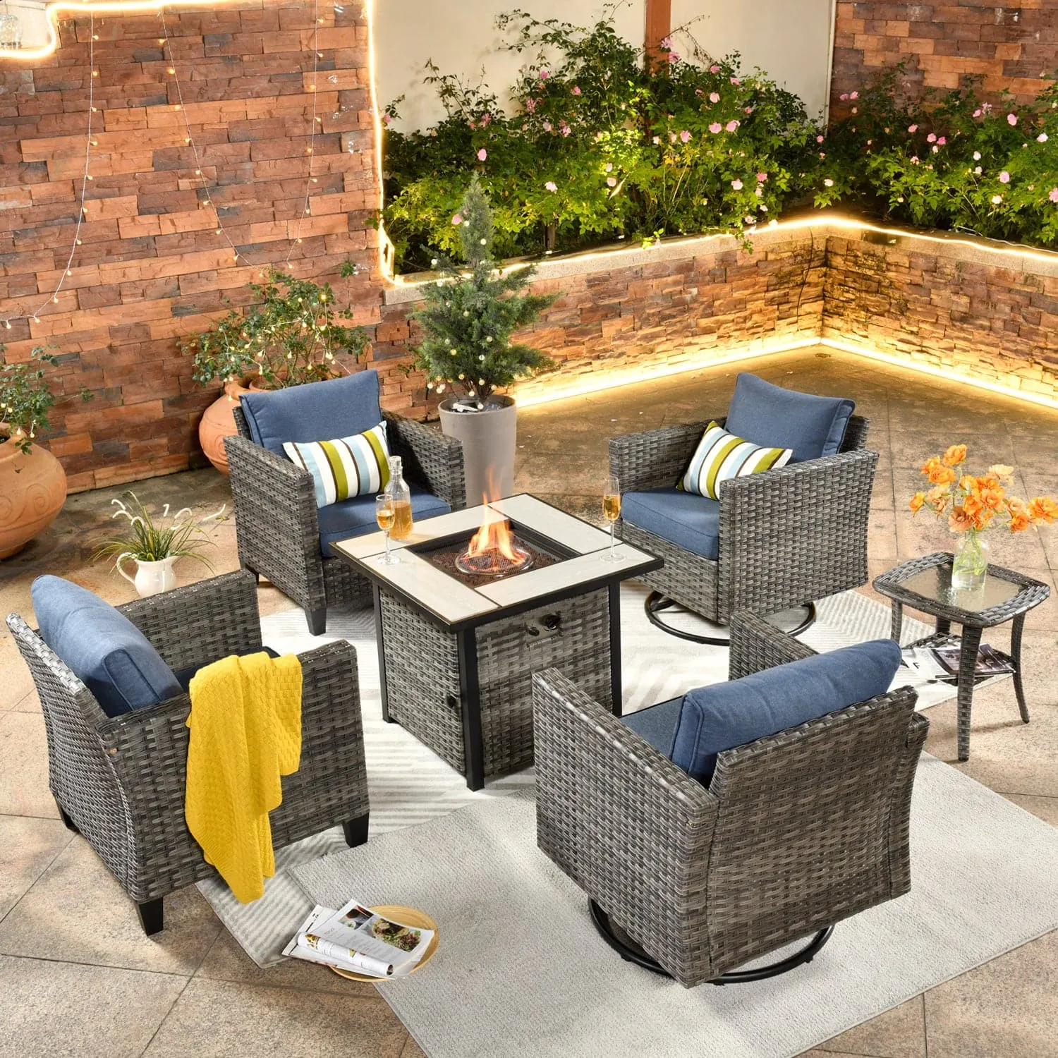 Ovios Patio Vultros 6-Piece Conversation Set, 2 Swivel Chairs 2 Chairs with 30'' Propane Fire Pit Table