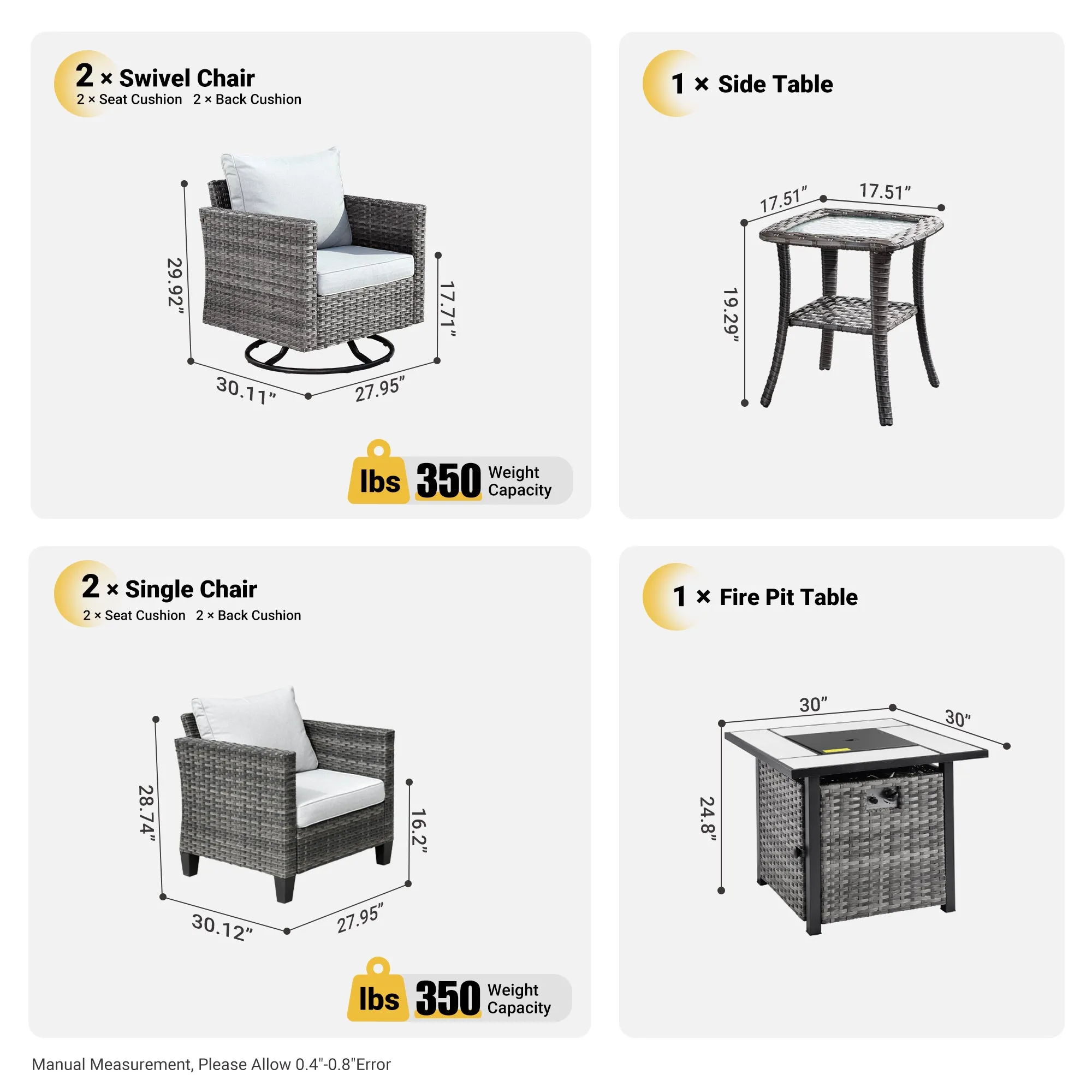 Ovios Patio Vultros 6-Piece Conversation Set, 2 Swivel Chairs 2 Chairs with 30'' Propane Fire Pit Table