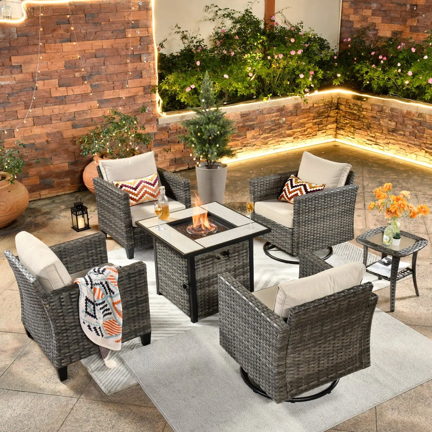 Ovios Patio Vultros 6-Piece Conversation Set, 2 Swivel Chairs 2 Chairs with 30'' Propane Fire Pit Table