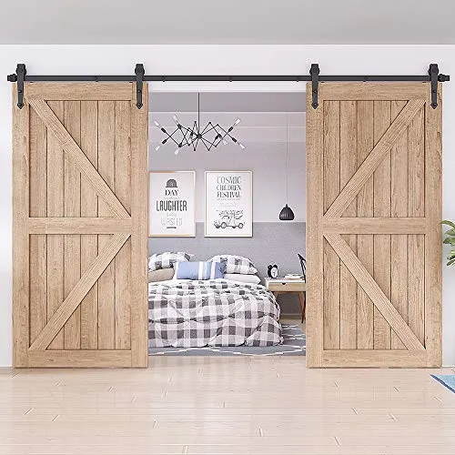 ZEKOO 9FT Arrow Style Rustic Sliding Wood Barn Door Rolling Antique Hardware Flat Tracks Double Doors Kit