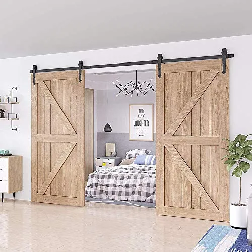 ZEKOO 9FT Arrow Style Rustic Sliding Wood Barn Door Rolling Antique Hardware Flat Tracks Double Doors Kit